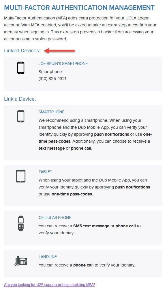 mfs management page with linked devices listed screenshot